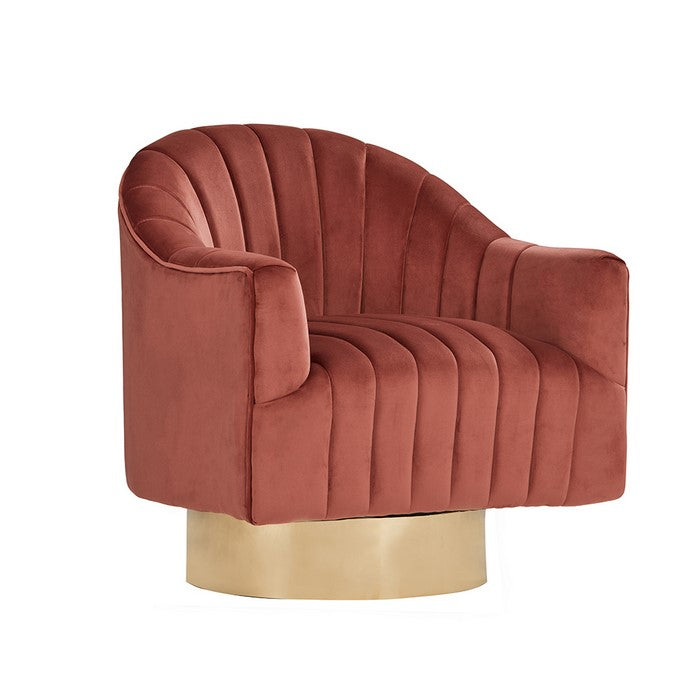 Lounge Chair with Stitched Channels and Swivel Mechanism, Pink and Gold