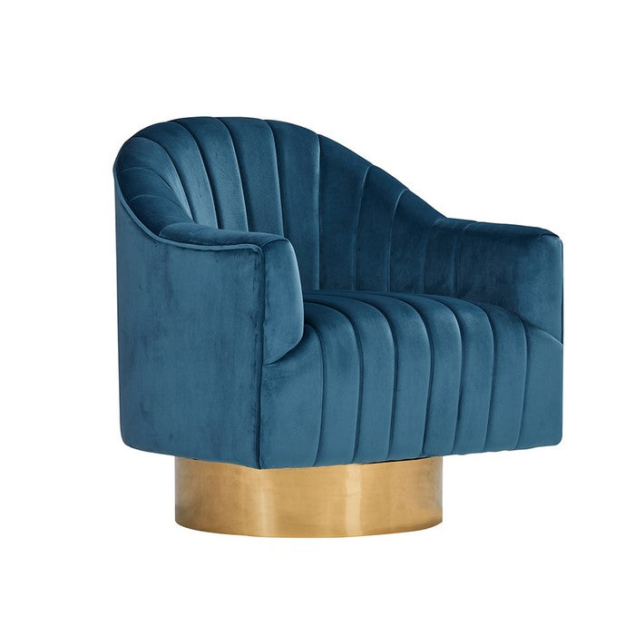 Lounge Chair with Stitched Channels and Swivel Mechanism, Blue and Gold