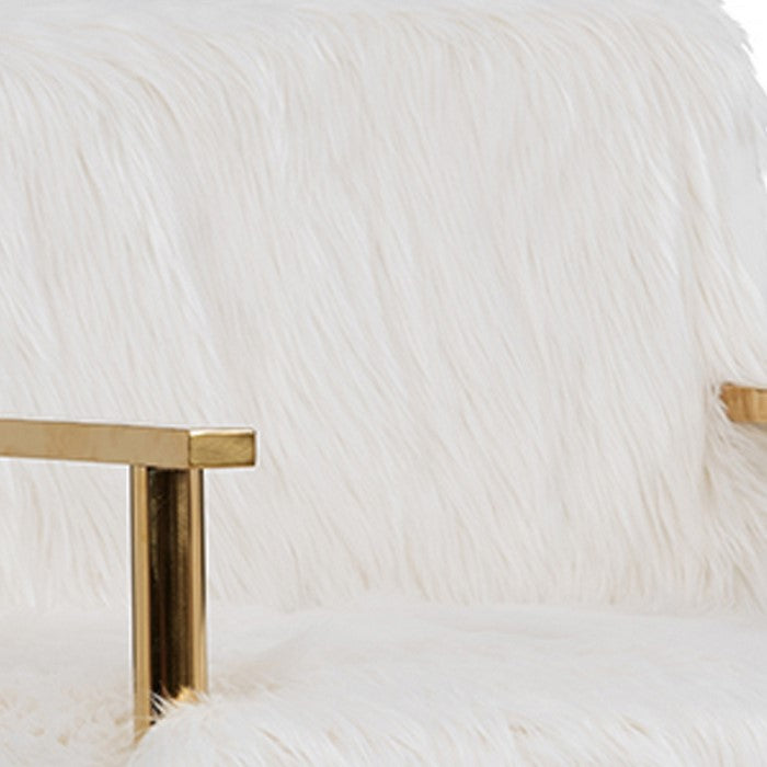 Faux Fur Steel Lounge Chair with Removable Cushion, White and Gold