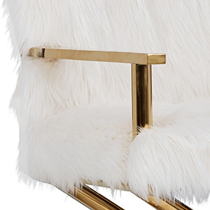 Faux Fur Steel Lounge Chair with Removable Cushion, White and Gold