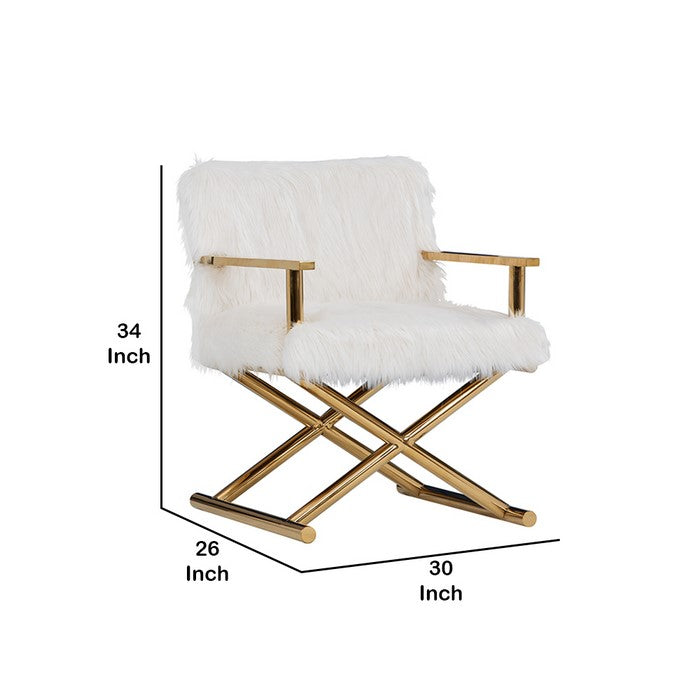Faux Fur Steel Lounge Chair with Removable Cushion, White and Gold