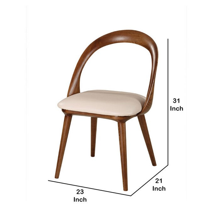 Curved Wooden Open Back Leatherette Dining Chair, Set of 2,Brown and Beige