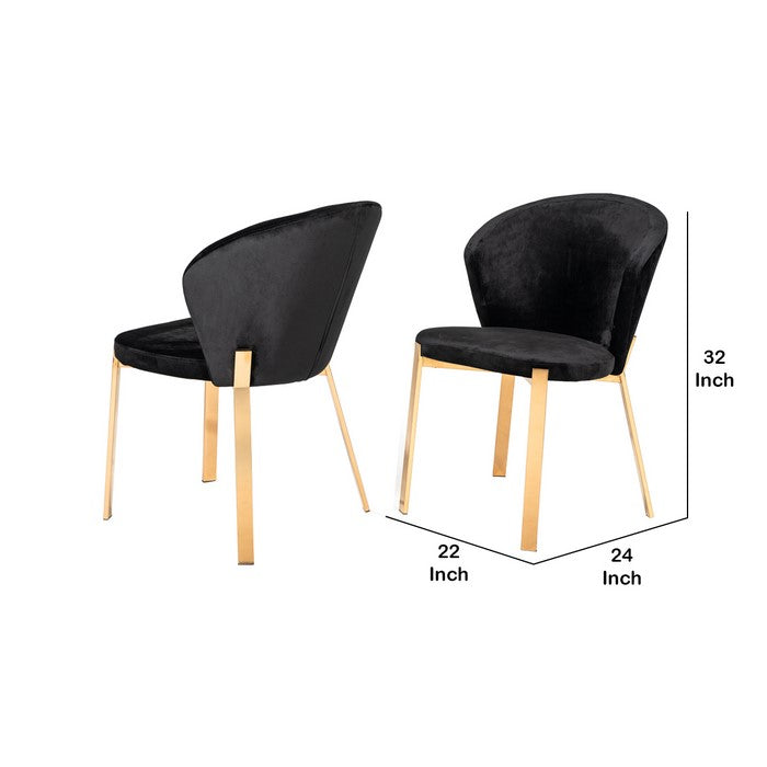 Velvet Curved Back Dining Chair with Metal Legs, Set of 2, Black and Gold