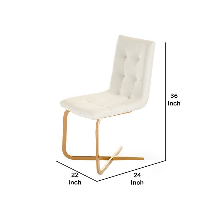 Button Tufted Dining Chair with Cantilever Base, Set of 2, White and Gold