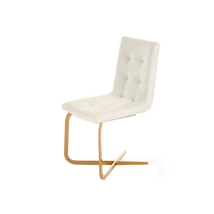 Button Tufted Dining Chair with Cantilever Base, Set of 2, White and Gold