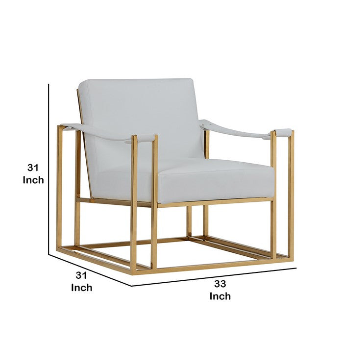 Padded Backrest Lounge Chair with Leatherette Strap Arms, White and Gold