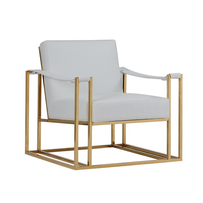 Padded Backrest Lounge Chair with Leatherette Strap Arms, White and Gold