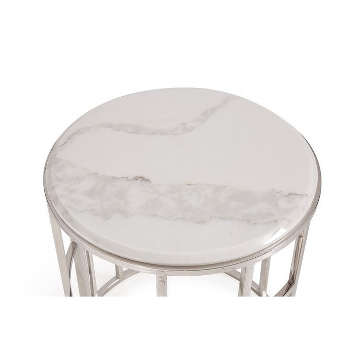 Marble Top Round End Table with Open Geometric Base, White and Silver