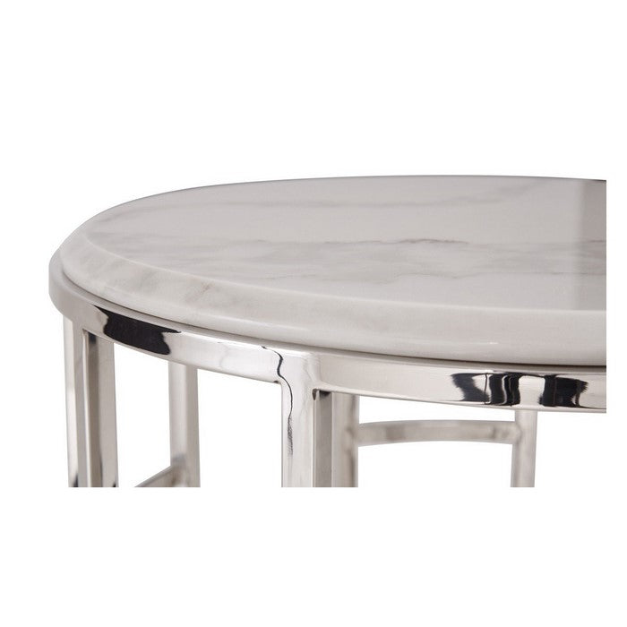Marble Top Round End Table with Open Geometric Base, White and Silver
