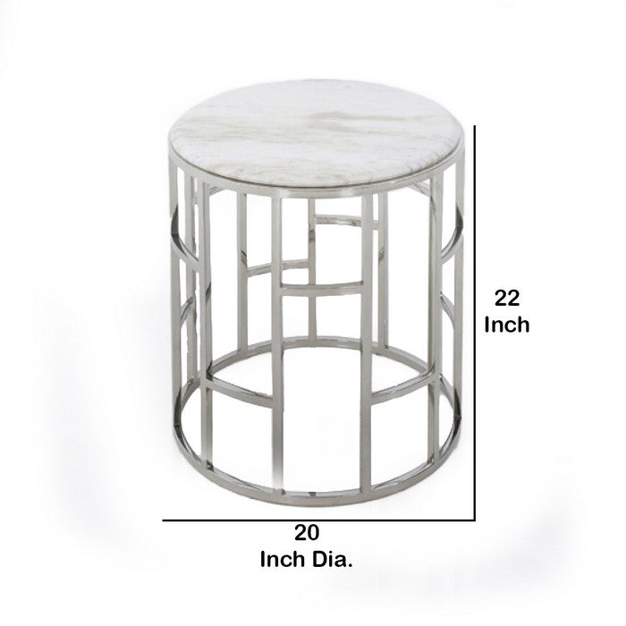 Marble Top Round End Table with Open Geometric Base, White and Silver