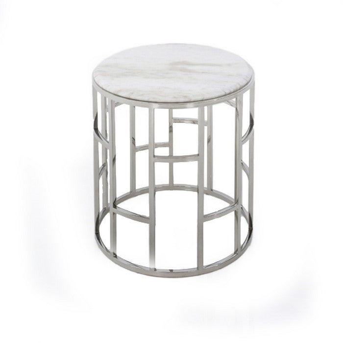Marble Top Round End Table with Open Geometric Base, White and Silver