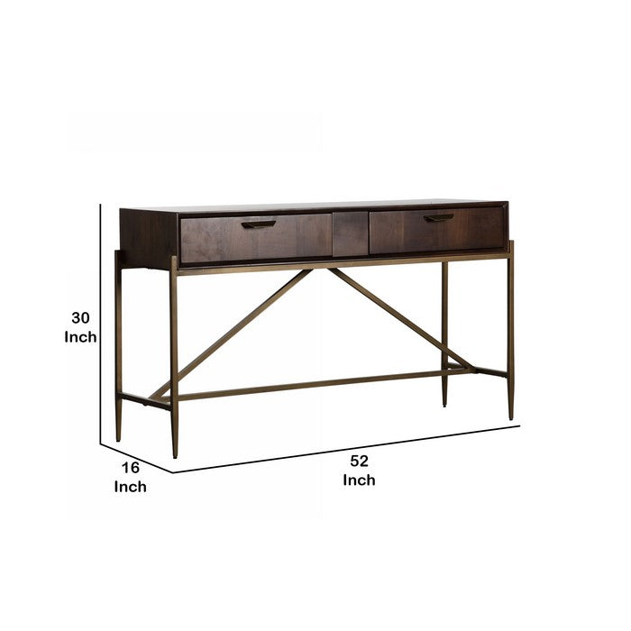 2 Storage Drawer Console Table with Antique Metal Pulls, Brown