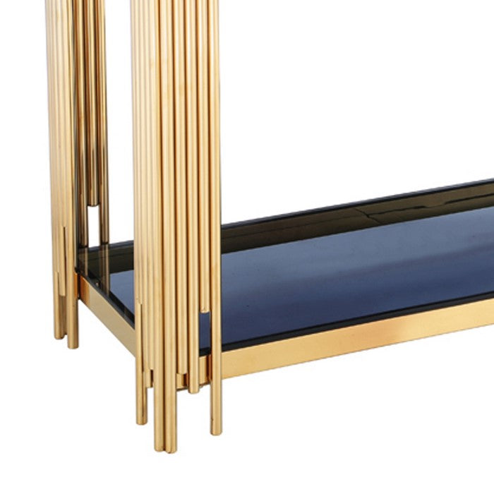 Rectangular Console Table with Smoked Glass Top and Metal Pipe Frame, Gold and Blue