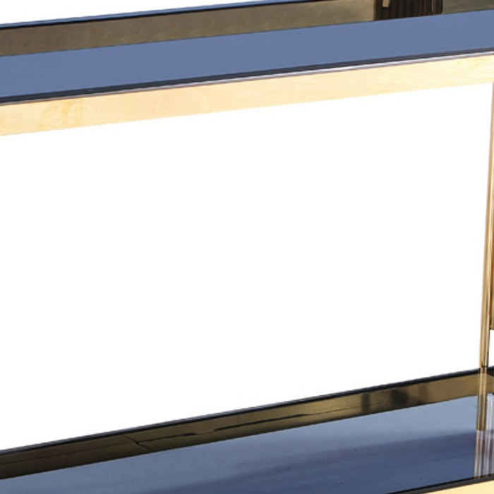 Rectangular Console Table with Smoked Glass Top and Metal Pipe Frame, Gold and Blue