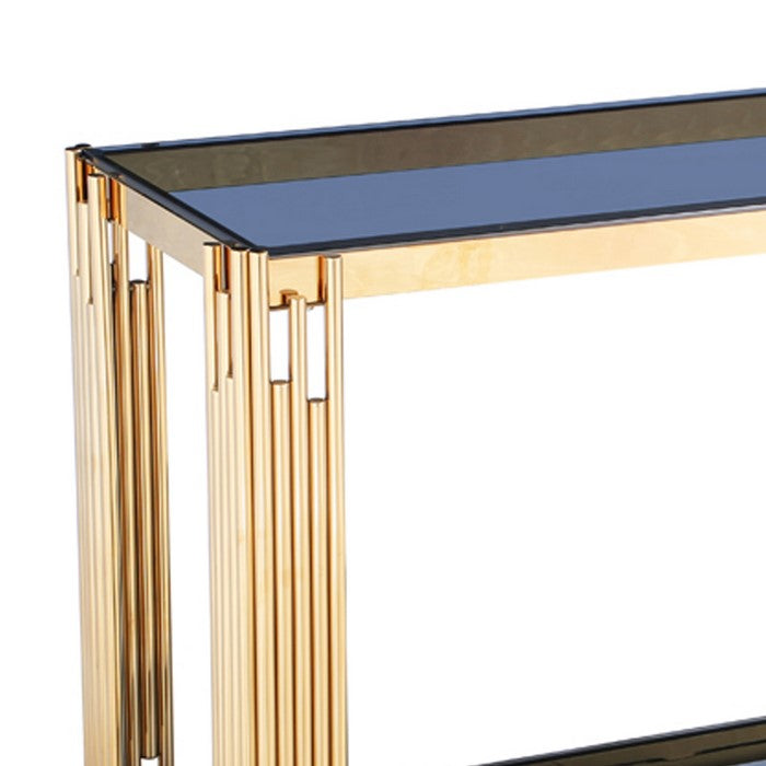 Rectangular Console Table with Smoked Glass Top and Metal Pipe Frame, Gold and Blue