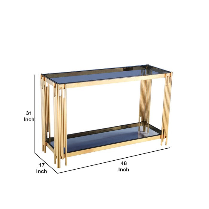 Rectangular Console Table with Smoked Glass Top and Metal Pipe Frame, Gold and Blue