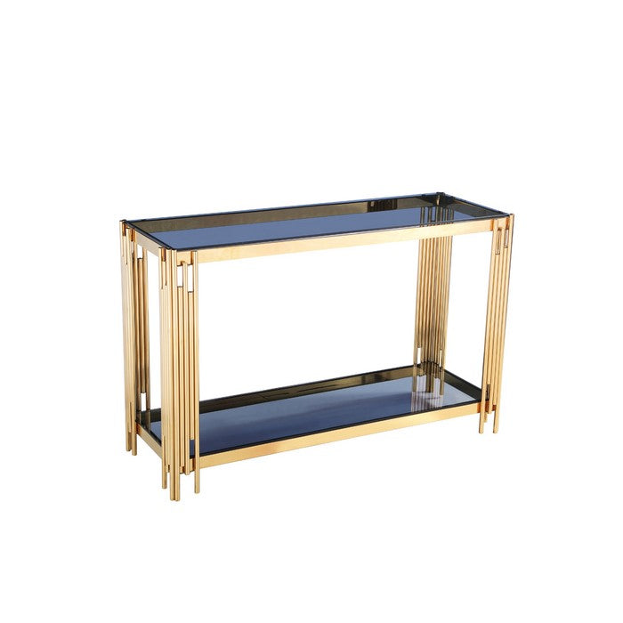 Rectangular Console Table with Smoked Glass Top and Metal Pipe Frame, Gold and Blue