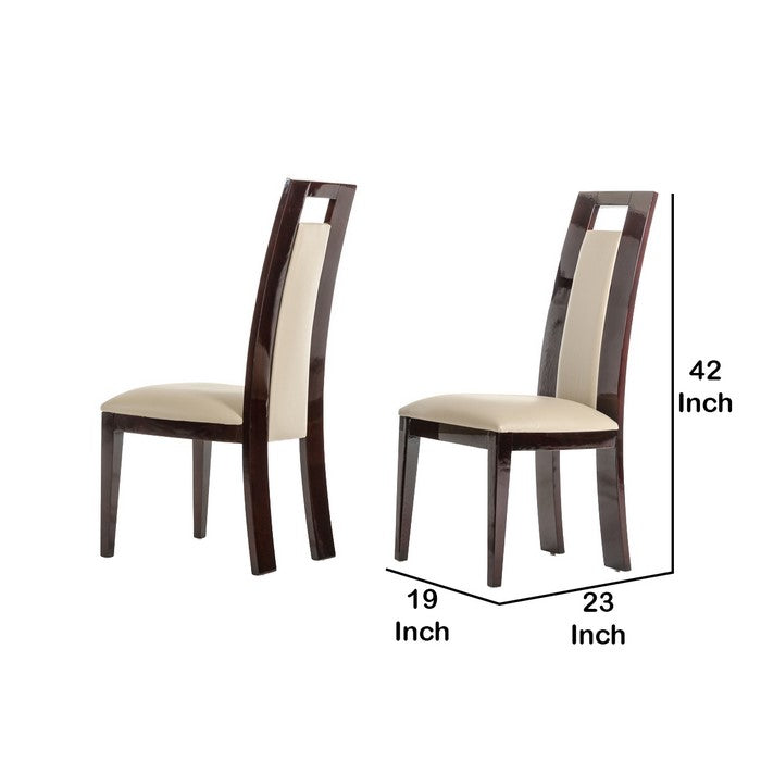 Leatherette Dining Chair with Sloped Backrest, Set of 2, Beige and Brown