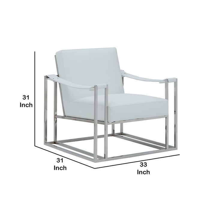 Padded Backrest Lounge Chair with Leatherette Strap Arms, White and Silver