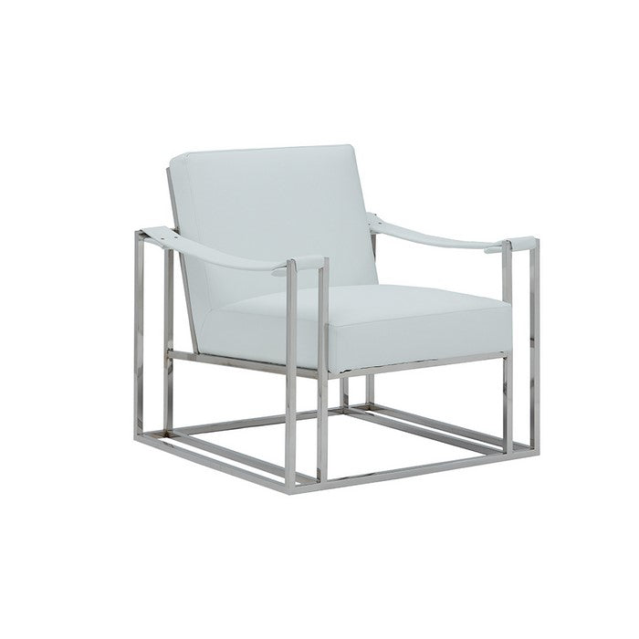 Padded Backrest Lounge Chair with Leatherette Strap Arms, White and Silver