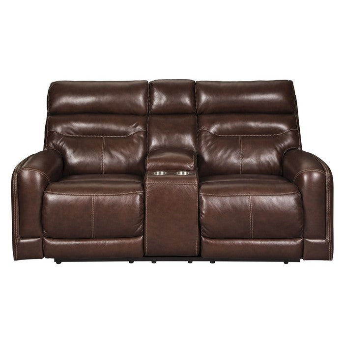 Leatherette Power Recliner Loveseat with Console and Sloped Arms, Dark Brown