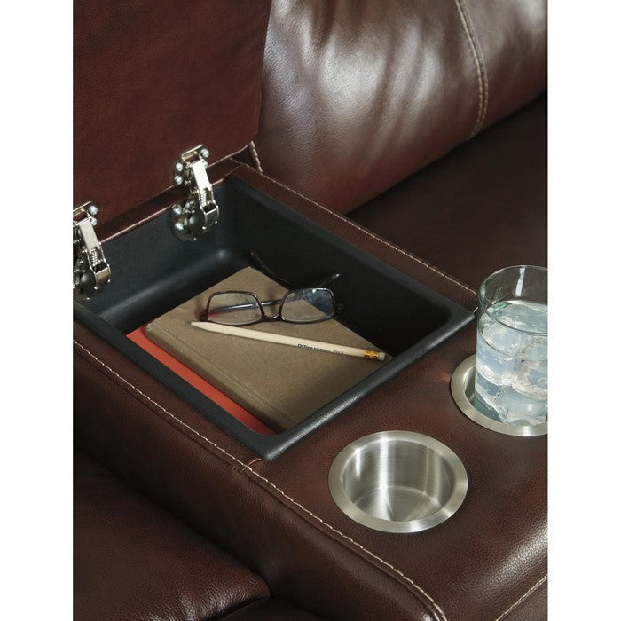 Leatherette Power Recliner Loveseat with Console and Sloped Arms, Dark Brown