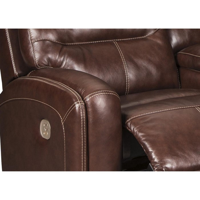 Leatherette Power Recliner Loveseat with Console and Sloped Arms, Dark Brown