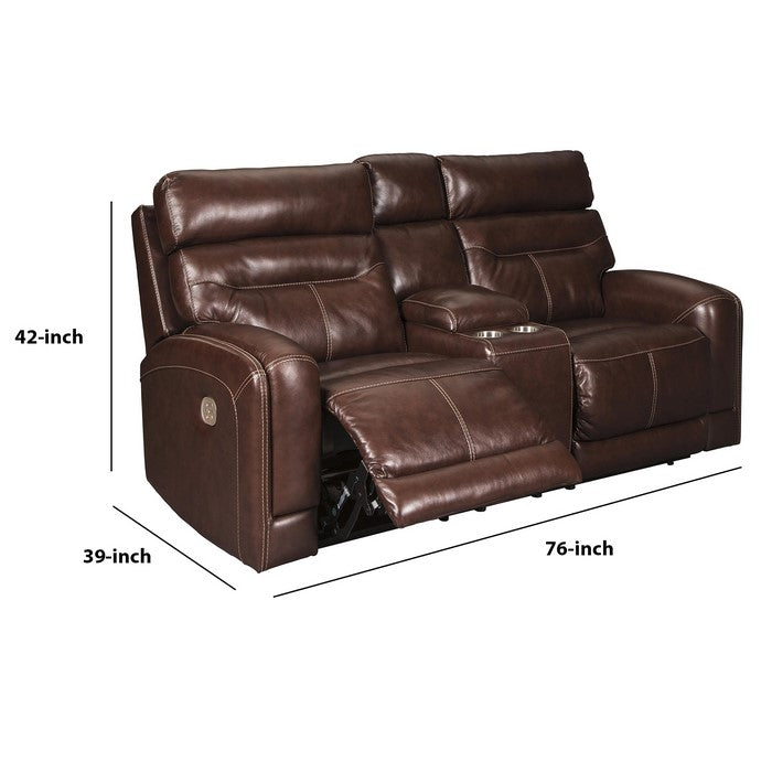 Leatherette Power Recliner Loveseat with Console and Sloped Arms, Dark Brown
