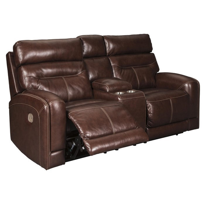 Leatherette Power Recliner Loveseat with Console and Sloped Arms, Dark Brown