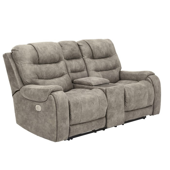 Upholstered Power Recliner Loveseat with Console and Pillow Arms , Gray