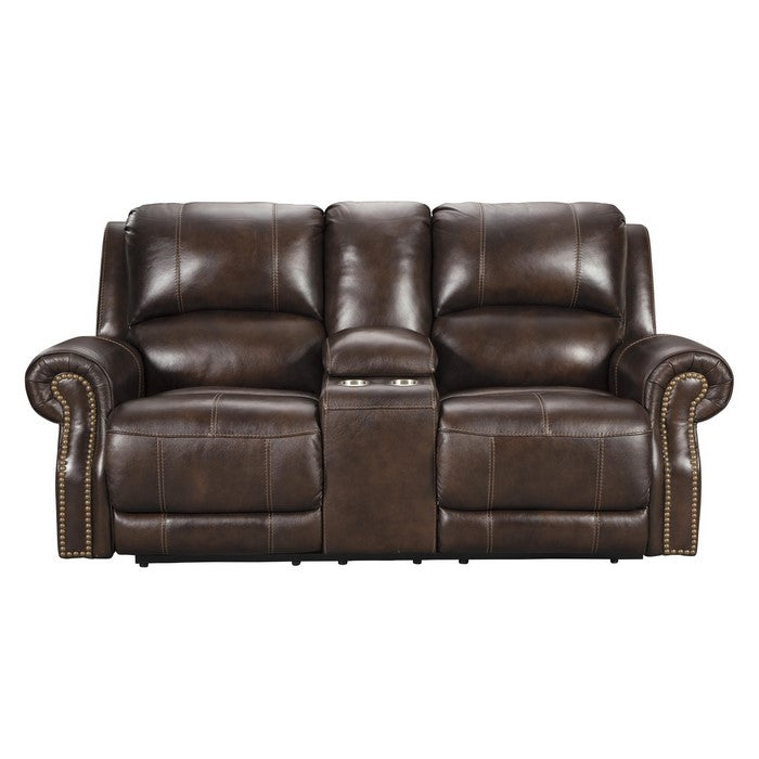 Nailhead Trim Leatherette Power Recliner Loveseat with Console, Dark Brown
