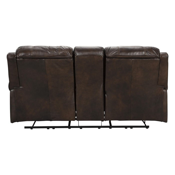 Nailhead Trim Leatherette Power Recliner Loveseat with Console, Dark Brown