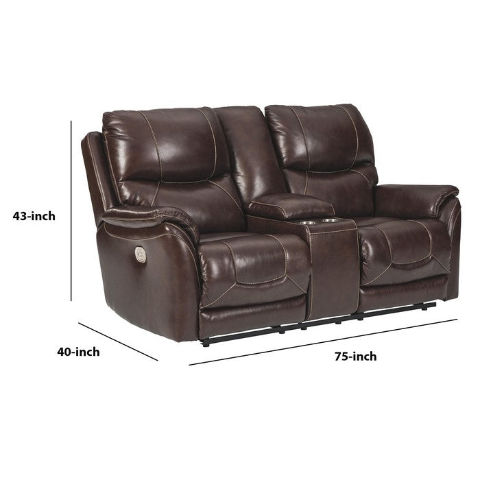 Leatherette Power Recliner Loveseat with Storage Console, Dark Brown