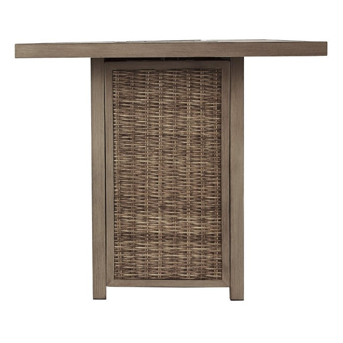 Rectangular Wicker Woven Metal Frame Fire Pit Bar Table with 2 Doors, Brown