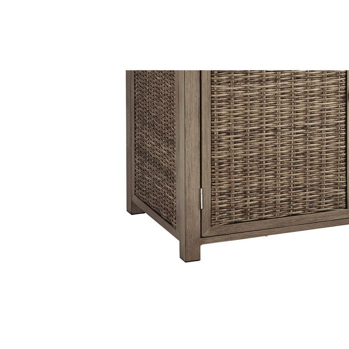 Rectangular Wicker Woven Metal Frame Fire Pit Bar Table with 2 Doors, Brown