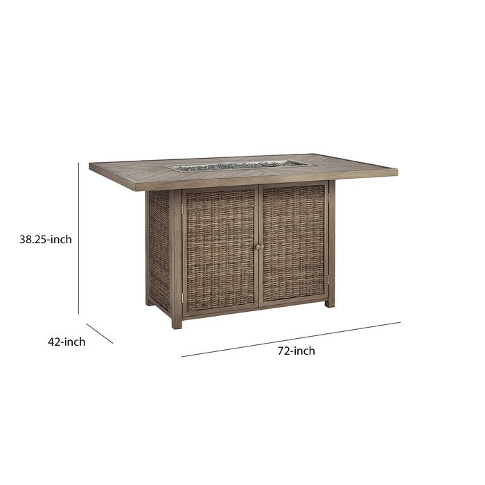 Rectangular Wicker Woven Metal Frame Fire Pit Bar Table with 2 Doors, Brown