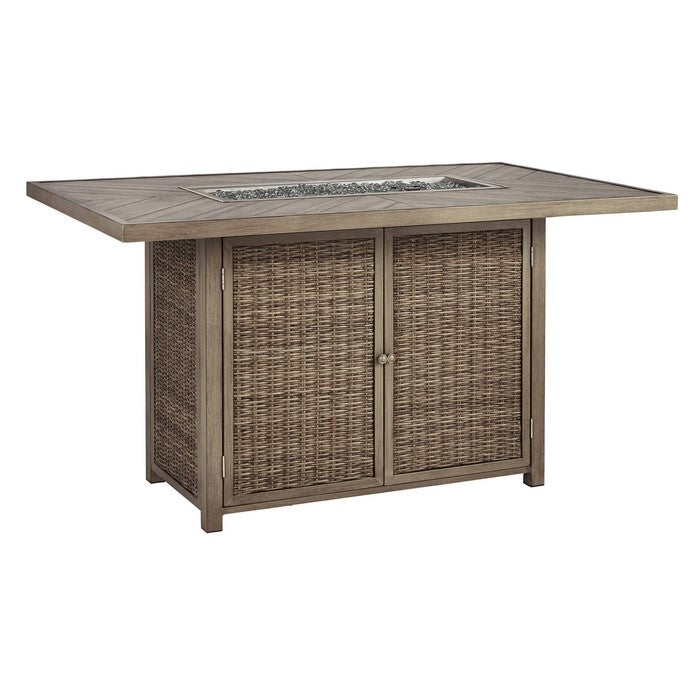 Rectangular Wicker Woven Metal Frame Fire Pit Bar Table with 2 Doors, Brown