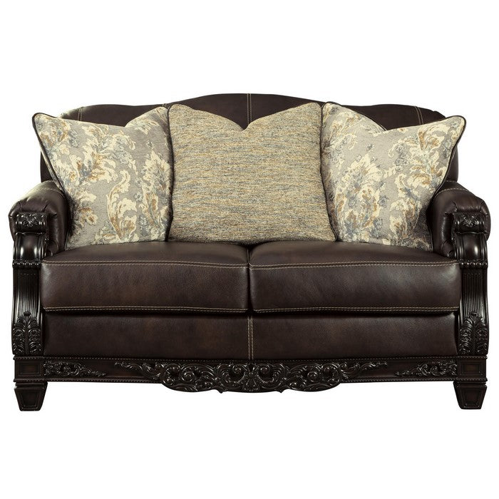 Camelback Design Leatherette Loveseat with Engraved Details, Dark Brown