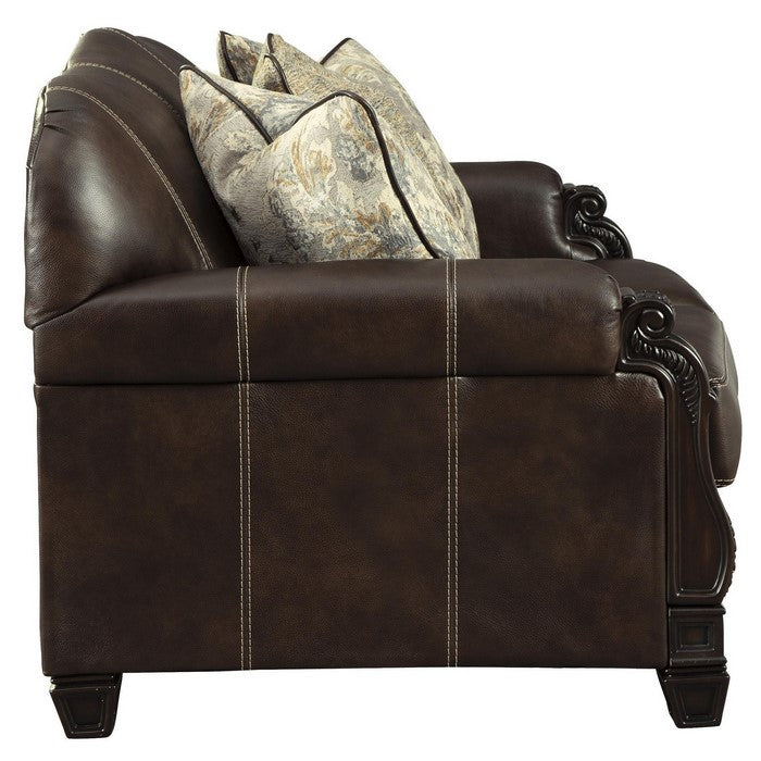 Camelback Design Leatherette Loveseat with Engraved Details, Dark Brown