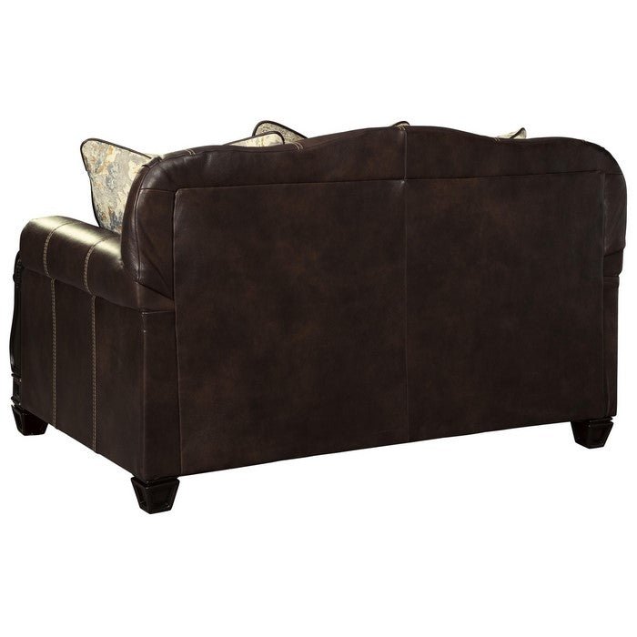 Camelback Design Leatherette Loveseat with Engraved Details, Dark Brown