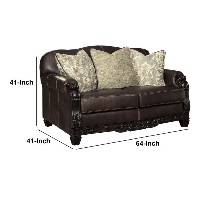 Camelback Design Leatherette Loveseat with Engraved Details, Dark Brown