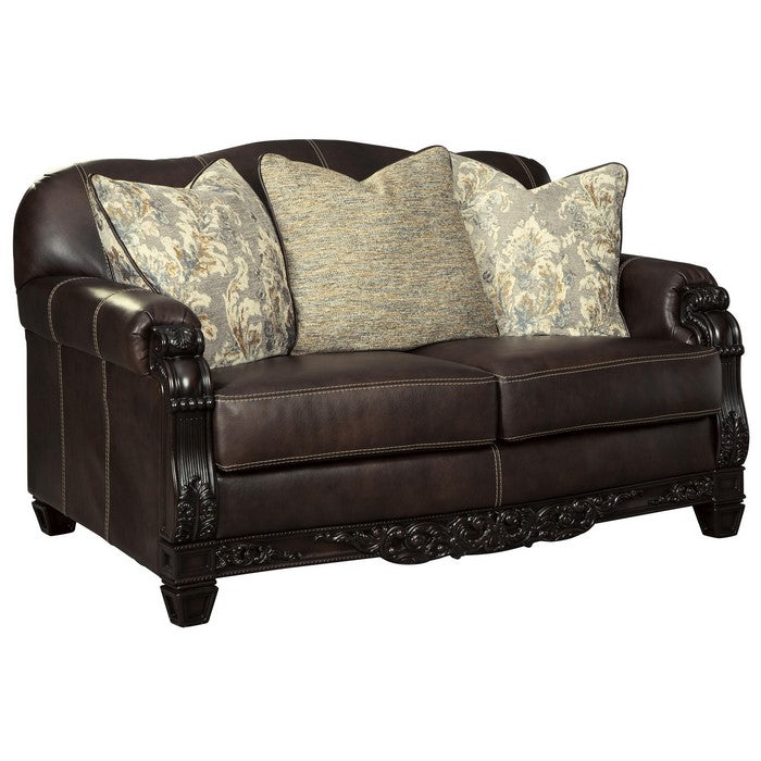 Camelback Design Leatherette Loveseat with Engraved Details, Dark Brown