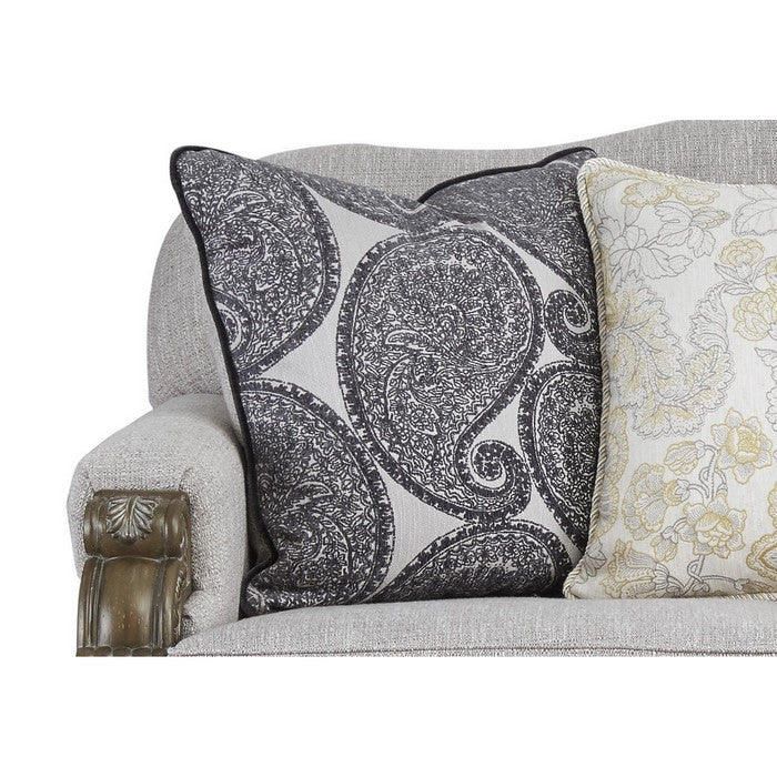Ornate Wooden Frame Fabric Upholstered Loveseat, Light Gray and Brown