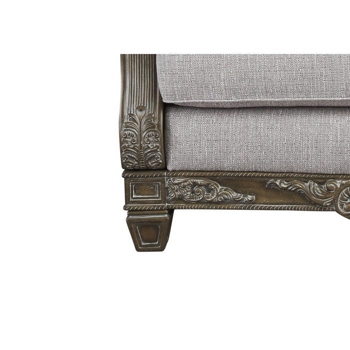 Ornate Wooden Frame Fabric Upholstered Loveseat, Light Gray and Brown