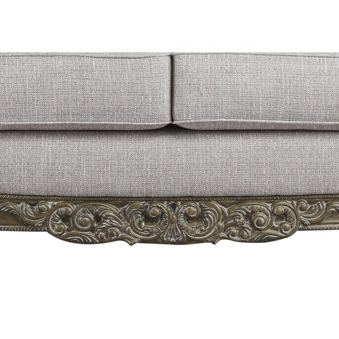 Ornate Wooden Frame Fabric Upholstered Loveseat, Light Gray and Brown