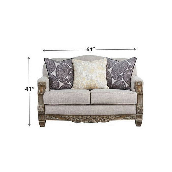 Ornate Wooden Frame Fabric Upholstered Loveseat, Light Gray and Brown