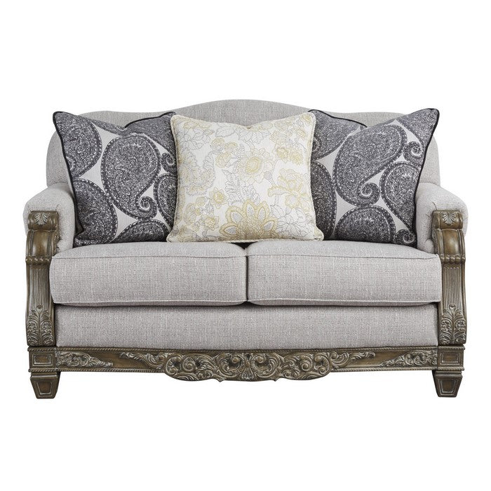 Ornate Wooden Frame Fabric Upholstered Loveseat, Light Gray and Brown