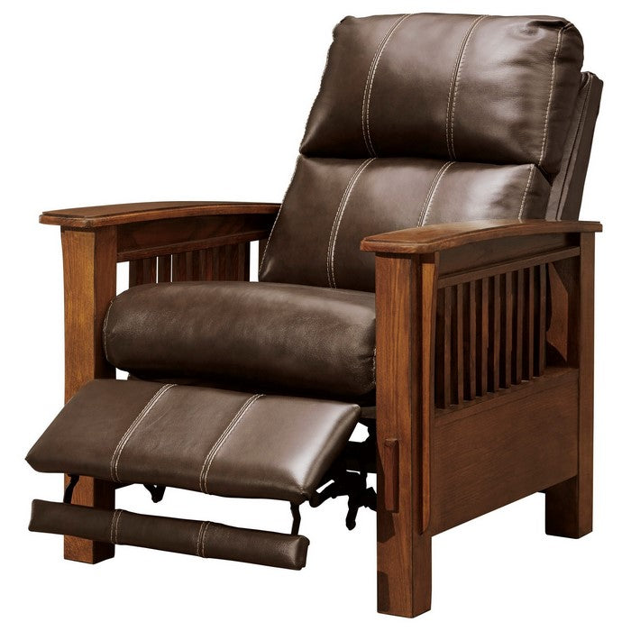 Leatherette High Leg Recliner with Wooden Frame and Track Armrests, Brown