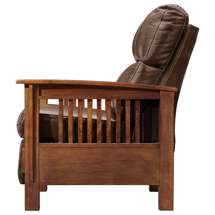 Leatherette High Leg Recliner with Wooden Frame and Track Armrests, Brown