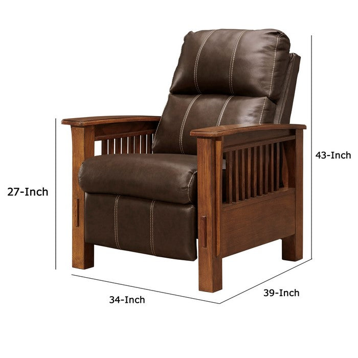 Leatherette High Leg Recliner with Wooden Frame and Track Armrests, Brown